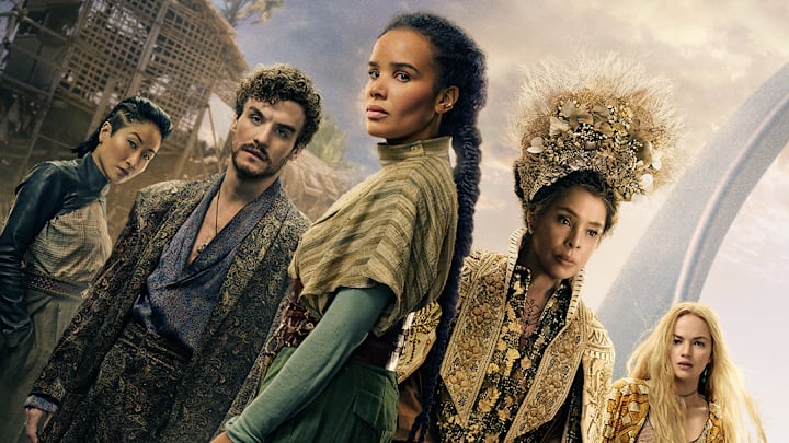 The Wheel of Time Season 3 Panorama Art, Nynaeve, Siuan, Mat, Min and Elayne.
