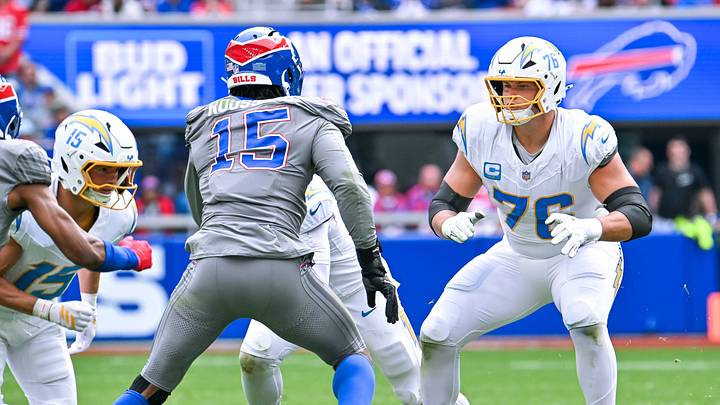 Sep 27, 2026; Orchard Park, New York, USA; Los Angeles Chargers offensive tackle Joe Alt (76) pass protects against Buffalo Bills edge rusher Greg Rousseau (15) in the second half at New Highmark Stadium. Mandatory Credit: Mark Konezny-Imagn Images Sep 27, 2026; Orchard Park, New York, USA; Los Angeles Chargers offensive tackle Joe Alt (76) pass protects against Buffalo Bills edge rusher Greg Rousseau (15) in the second half at New Highmark Stadium. Mandatory Credit: Mark Konezny-Imagn Images