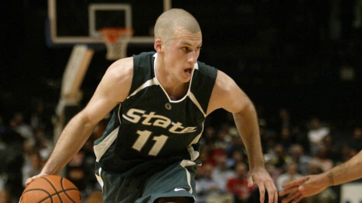 Nov 16, 2006; New York, NY, USA; Michigan State Spartans guard (11) Drew Neitzel drives past a Texas Longhorns defender in the 63-61 Spartans victory at Madison Square Garden in New York, NY. Mandatory Credit: Photo by Pouya Dianat-USA TODAY Sports © Copyright Pouya Dianat