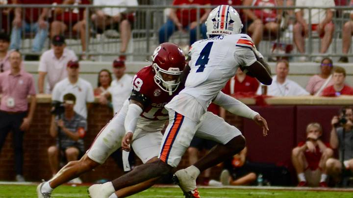 Oklahoma defensive back Jacobe Johnson steps up to make a tackle against Auburn. Oklahoma defensive back Jacobe Johnson steps up to make a tackle against Auburn.