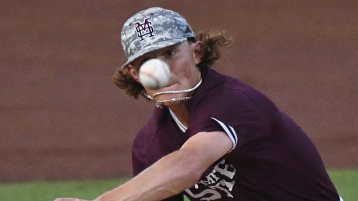 May 24 2024; Hoover, AL, USA; Mississippi State starting pitcher Pico Kohn delivers the ball to the plate against Tennessee at the Hoover Met during the SEC Tournament.