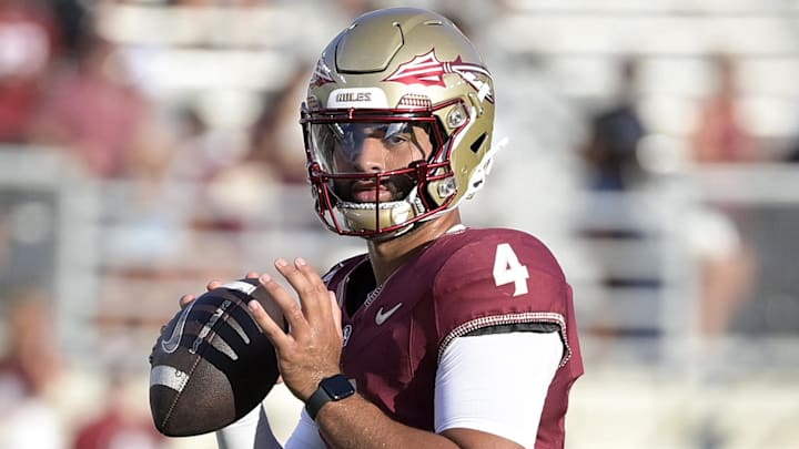 Sep 2, 2024; Tallahassee, Florida, USA; Florida State Seminoles quarterback DJ Uiagalelei (4) before the game agasint the Boston College Eagles at Doak S. Campbell Stadium. Mandatory Credit: Melina Myers-Imagn Images