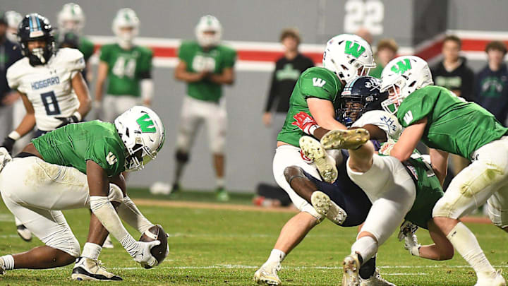 Weddington's #6 Aiden Harris intercepts the ball as Hoggard took on Weddington High School in the 4A Football Championship at Carter-Finley Stadium in Raleigh Saturday Dec. 9, 2023. Weddington beat Hoggard 56 -21 to win the State Championship. KEN BLEVINS/STARNEWS Weddington's #6 Aiden Harris intercepts the ball as Hoggard took on Weddington High School in the 4A Football Championship at Carter-Finley Stadium in Raleigh Saturday Dec. 9, 2023. Weddington beat Hoggard 56 -21 to win the State Championship. KEN BLEVINS/STARNEWS
