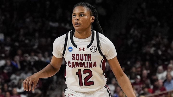 Mar 21, 2025; Columbia, South Carolina, USA; South Carolina Gamecocks guard MiLaysia Fulwiley (12) brings the ball up court against the Tennessee Tech Golden Eagles during the first half  at Colonial Life Arena. Mandatory Credit: Jim Dedmon-Imagn Images
