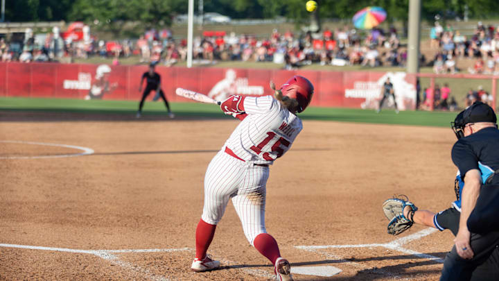 Alabama infielder Brooke Wells hits a home run in the first game of the series against Kentucky on April. 17, 2026.