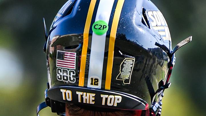 The back of a Southern Miss quarterback John White's helmet at fall camp practice in Hattiesburg on Friday, Aug. 7, 2026 The back of a Southern Miss quarterback John White's helmet at fall camp practice in Hattiesburg on Friday, Aug. 7, 2026