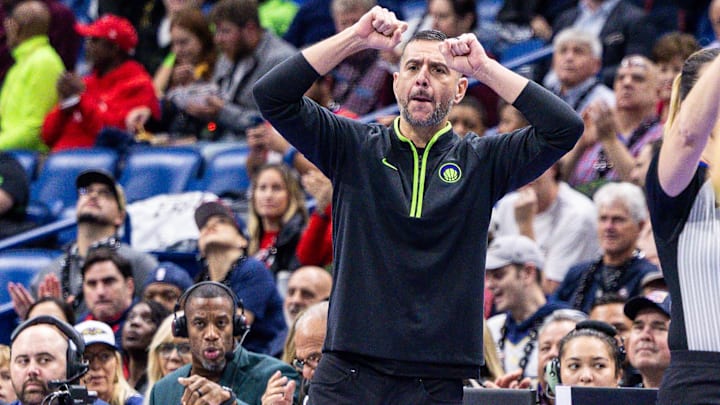 Nov 14, 2023; New Orleans, Louisiana, USA; New Orleans Pelicans acting head coach James Borrego changes a play from the bench against the Dallas Mavericks during the first half at the Smoothie King Center. Mandatory Credit: Stephen Lew-USA TODAY Sports