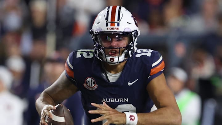 Nov 29, 2025; Auburn, Alabama, USA; Auburn Tigers quarterback Ashton Daniels (12) during the second half against the Alabama Crimson Tide at Jordan-Hare Stadium. Mandatory Credit: John Reed-Imagn Images