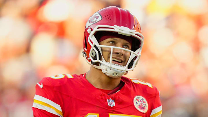 Sep 28, 2025; Kansas City, Missouri, USA; Kansas City Chiefs quarterback Patrick Mahomes (15) reacts during the second half against the Baltimore Ravens at GEHA Field at Arrowhead Stadium. Mandatory Credit: Jay Biggerstaff-Imagn Images