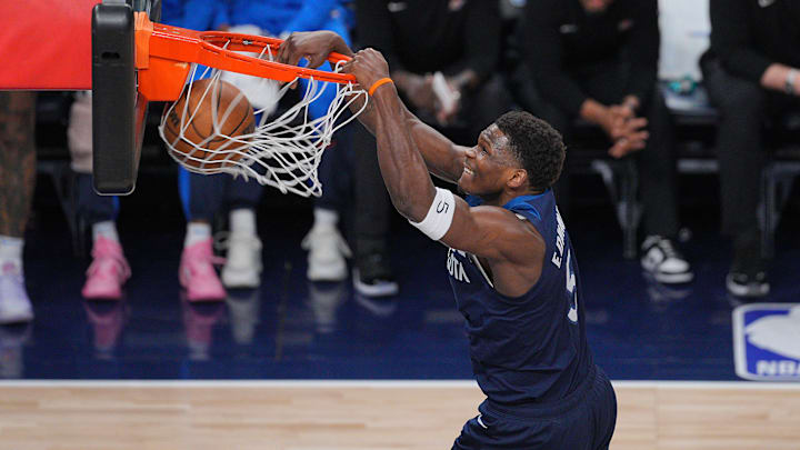 Minnesota Timberwolves guard Anthony Edwards dunks the ball against the Oklahoma City Thunder during the first half in Game 3 of the Western Conference finals at Target Center in Minneapolis on May 24, 2025. 