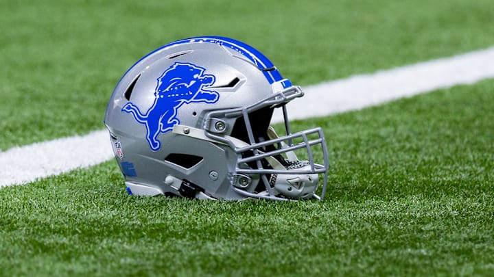Dec 3, 2023; New Orleans, Louisiana, USA; Detailed view of the Detroit Lions helmet during warmups before the game against the New Orleans Saints at Caesars Superdome. Mandatory Credit: Stephen Lew-Imagn Images