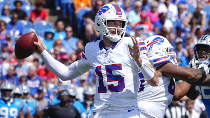 Aug 24, 2024; Orchard Park, New York, USA; Buffalo Bills quarterback Ben DiNucci (15) throws the ball against the Carolina Panthers during the first half at Highmark Stadium. Mandatory Credit: Gregory Fisher-Imagn Images