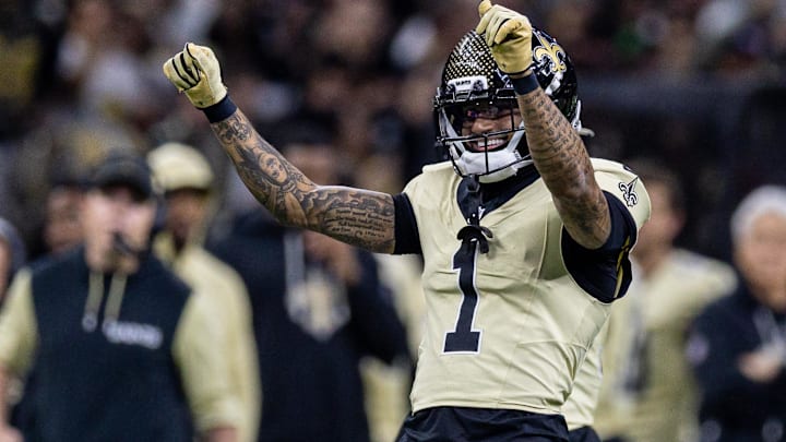 Dec 21, 2025; New Orleans, Louisiana, USA; New Orleans Saints cornerback Alontae Taylor (1) reacts to making a tackle against New York Jets quarterback Brady Cook (not pictured) during the first half at Caesars Superdome. Dec 21, 2025; New Orleans, Louisiana, USA; New Orleans Saints cornerback Alontae Taylor (1) reacts to making a tackle against New York Jets quarterback Brady Cook (not pictured) during the first half at Caesars Superdome.