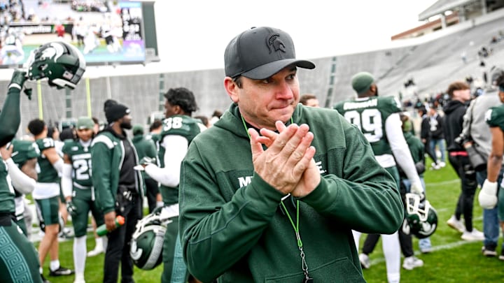 Michigan State's head coach Jonathan Smith leaves the file after the Spring Showcase on Saturday, April 20, 2024, at Spartan Stadium in East Lansing.