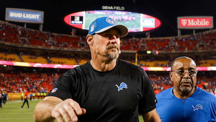 Detroit Lions head coach Dan Campbell walks off the field after 21-20 win over Kansas City Chiefs at