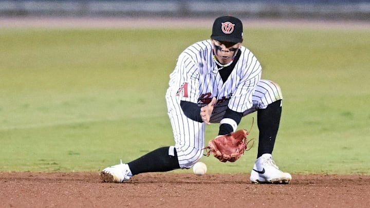 Visalia Rawhide's Cristofer Torin plays shortstop against San Jose Giants on Tuesday, April 9, 2024 for their opening home game.