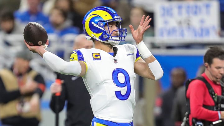 Rams quarterback Matthew Stafford during warmups before the NFC wild-card game at Ford Field on Sunday, Jan, 14, 2024.