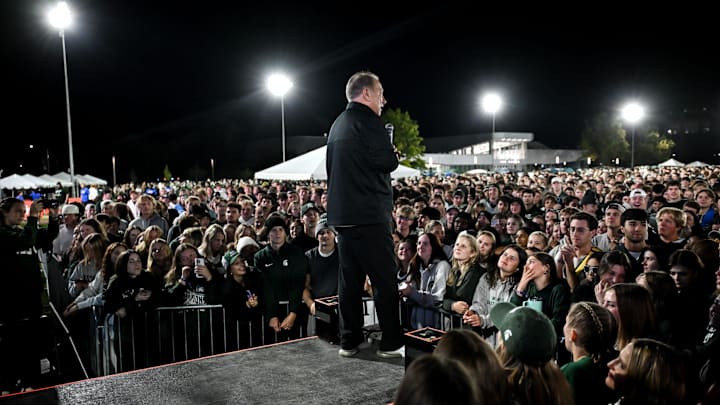 Tom Izzo speaks to the crowd during the Izzone campout on Friday, Oct. 4, 2024, at Munn Field in East Lansing. Tom Izzo speaks to the crowd during the Izzone campout on Friday, Oct. 4, 2024, at Munn Field in East Lansing.