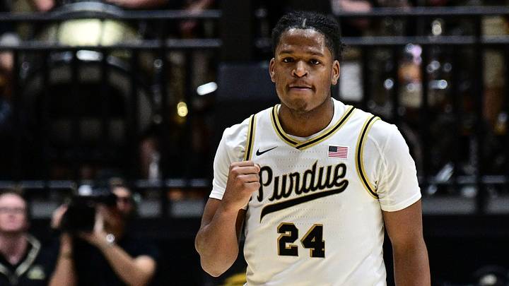 Jan 14, 2026; West Lafayette, Indiana, USA; Purdue Boilermakers guard Gicarri Harris (24) celebrates a basket during the second half against the Iowa Hawkeyes at Mackey Arena. Mandatory Credit: Marc Lebryk-Imagn Images