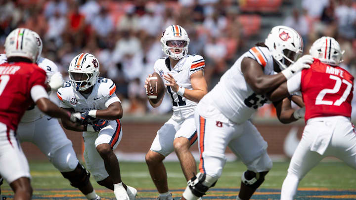 Auburn Tigers quarterback Jackson Arnold (11) looks to throw as Auburn Tigers take on South Alabama Jaguars at Jordan-Hare Stadium in Auburn, Ala. on Saturday, Sept. 13, 2025. Auburn Tigers defeated South Alabama Jaguars 31-15.