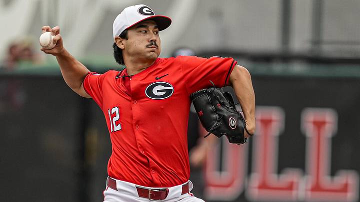 May 31, 2026; Athens, GA, USA; Georgia Bulldogs pitcher Caden Aoki (12) pitches against the Liberty Flames at Foley Field. Mandatory Credit: Dale Zanine-Imagn Images