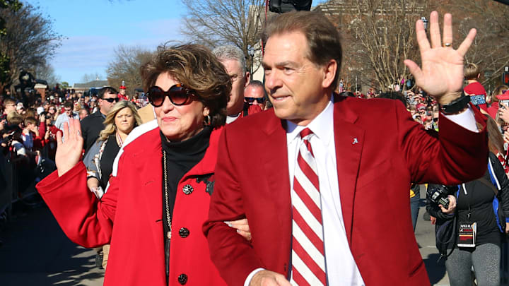 Then-head coach Nick Saban of the Alabama Crimson Tide and his wife Teri Saban. Then-head coach Nick Saban of the Alabama Crimson Tide and his wife Teri Saban.