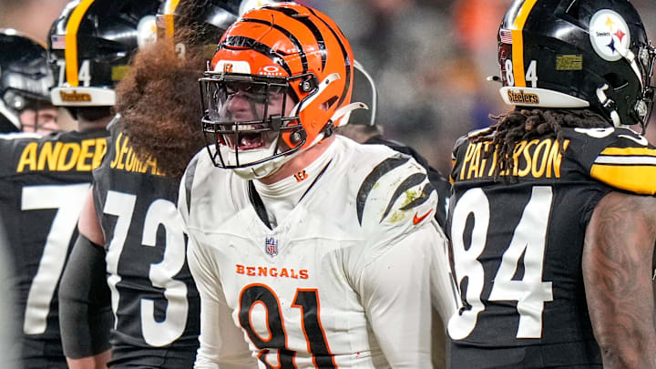 Cincinnati Bengals defensive end Trey Hendrickson (91) celebrates a stop in the fourth quarter of the NFL Week 18 game between the Pittsburgh Steelers and the Cincinnati Bengals at Acrisure Stadium in Pittsburgh on Saturday, Jan. 4, 2025. The Bengals won 19-17 to finish the regular season at 9-8. Cincinnati Bengals defensive end Trey Hendrickson (91) celebrates a stop in the fourth quarter of the NFL Week 18 game between the Pittsburgh Steelers and the Cincinnati Bengals at Acrisure Stadium in Pittsburgh on Saturday, Jan. 4, 2025. The Bengals won 19-17 to finish the regular season at 9-8.