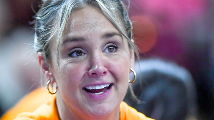 Mar 5, 2025; Greenville, South Carolina, USA; Tennessee head coach Kim Caldwell during the fourth quarter of the Southeastern Conference Women's Basketball Tournament game with Texas A&M at Bon Secours Wellness Arena.  Mandatory Credit: Ken Ruinard/USA TODAY NETWORK via Imagn Images