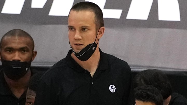 Aug 12, 2021; Las Vegas, Nevada, USA; Brooklyn Nets Summer League head coach Jordan Ott reacts during a game against the Washington Wizards at Cox Pavillion. Mandatory Credit: Stephen R. Sylvanie-Imagn Images Aug 12, 2021; Las Vegas, Nevada, USA; Brooklyn Nets Summer League head coach Jordan Ott reacts during a game against the Washington Wizards at Cox Pavillion. Mandatory Credit: Stephen R. Sylvanie-Imagn Images