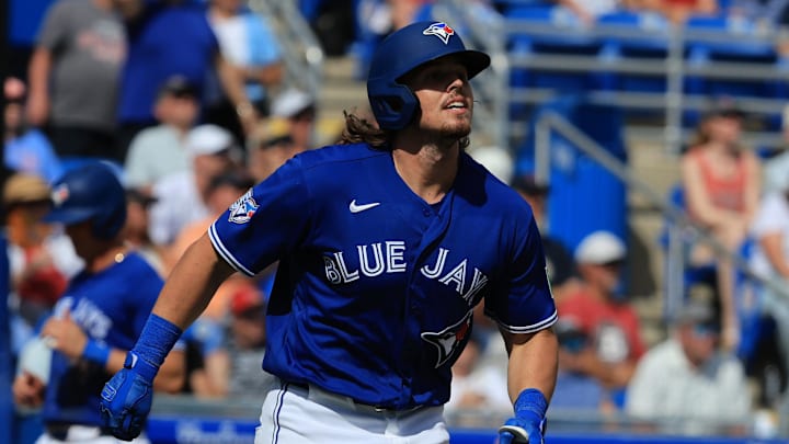Mar 2, 2026; Dunedin, Florida, USA; Toronto Blue Jays third baseman Addison Barger (47) hits a grand slam during the fifth inning against the Toronto Blue Jays at TD Ballpark. Mandatory Credit: Kim Klement Neitzel-Imagn Images