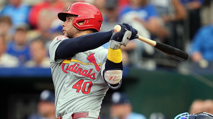 Aug 9, 2024; Kansas City, Missouri, USA; St. Louis Cardinals catcher Willson Contreras (40) hits a home run during the first inning against the Kansas City Royals at Kauffman Stadium. Mandatory Credit: Jay Biggerstaff-Imagn Images