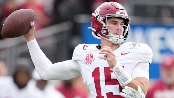 Alabama Crimson Tide quarterback Ty Simpson (15) passes against the Indiana Hoosiers in the first half of the 2026 Rose Bowl and quarterfinal game of the College Football Playoff at Rose Bowl Stadium. Mandatory Credit: Kirby Lee-Imagn Images