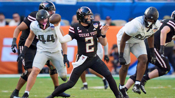 Texas Tech quarterback Behren Morton throws a pass as the Oregon Ducks take on the Texas Tech Red Raiders in the Orange Bowl on Jan. 1, 2026, at Hard Rock Stadium in Miami, Florida.