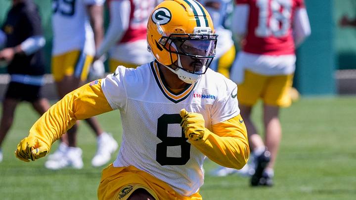 Green Bay Packers running back Josh Jacobs (8) runs through a drill during practice on Tuesday, June 2, 2026, at Ray Nitschke Field in Ashwaubenon, Wis. 
Tork Mason/USA TODAY NETWORK-Wisconsin