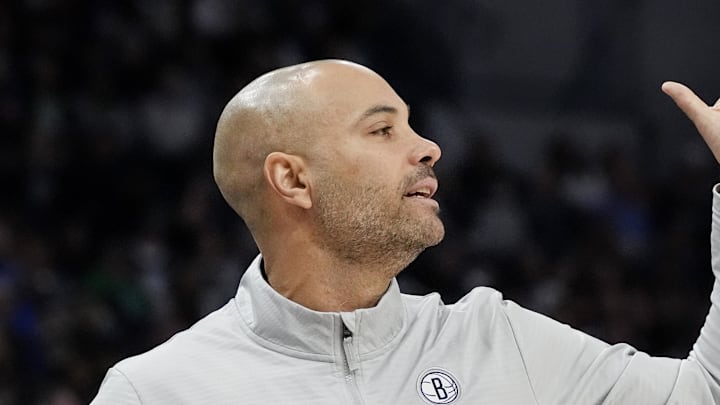 3Apr 11, 2025; Minneapolis, Minnesota, USA; Brooklyn Nets head coach Jordi Fernández directs his team as they play against the Minnesota Timberwolves in the first quarter at Target Center. Mandatory Credit: Bruce Kluckhohn-Imagn Images