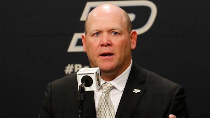 Purdue football head coach Barry Odom addresses the media 