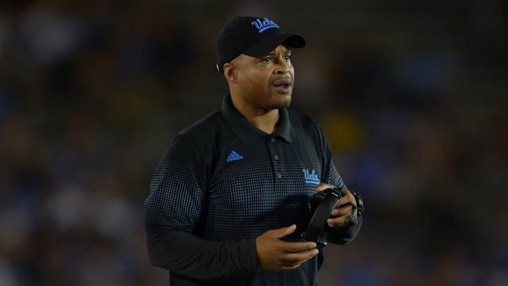 Aug 31, 2013; Pasadena, CA, USA; UCLA Bruins passing game coordinator coach Demetrice Martin during the game against the Nevada Wolf Pack at the Rose Bowl. UCLA defeated Nevada 58-20. Mandatory Credit: Kirby Lee-Imagn Images