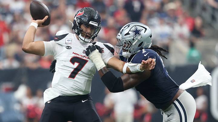 Houston Texans quarterback C.J. Stroud (7) is pressured by. Dallas Cowboys linebacker Rashan Gary (7) during the first half at Reliant Stadium.  Mandatory Credit: Troy Taormina-Imagn Images