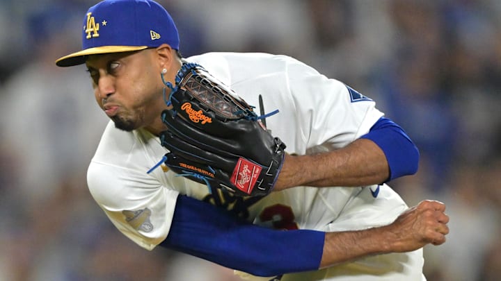 Mar 27, 2026; Los Angeles, California, USA;  Los Angeles Dodgers pitcher Edwin Diaz (3) delivers to the plate as he earns a save in the ninth inning against the Arizona Diamondbacks at Dodger Stadium. Mandatory Credit: Jayne Kamin-Oncea-Imagn Images