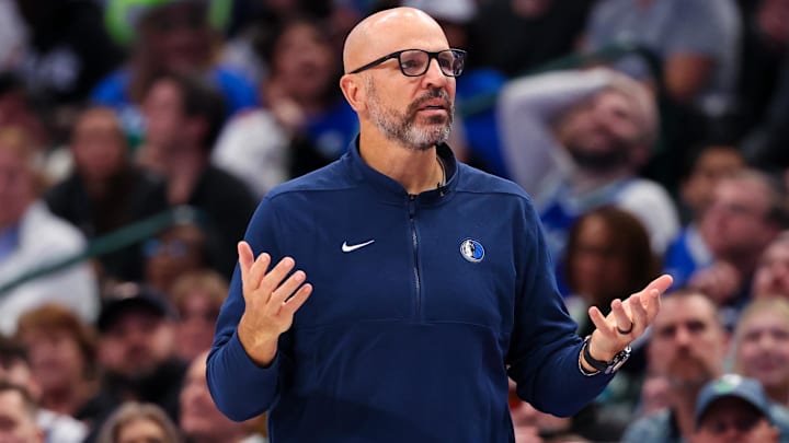 Mar 17, 2024; Dallas, Texas, USA;  Dallas Mavericks head coach Jason Kidd  reacts during the second quarter against the Denver Nuggets at American Airlines Center. Mandatory Credit: Kevin Jairaj-Imagn Images