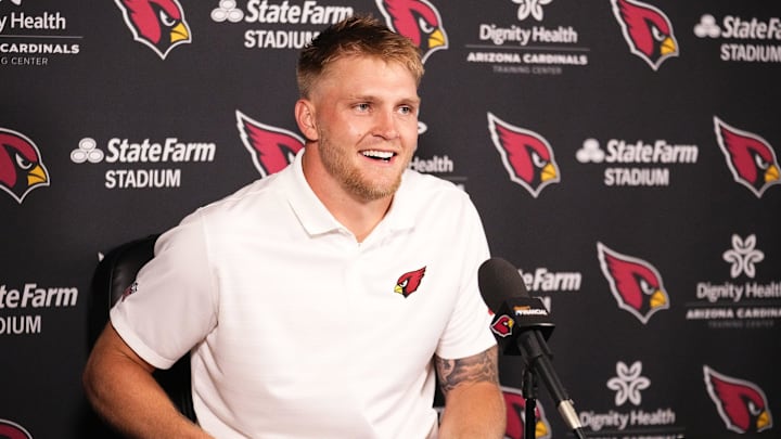 Trey McBride talks to the media after the Arizona Cardinals made him the highest-paid tight end in the NFL during a news conference at the Arizona Cardinals training facility in Tempe on April 4, 2025. Trey McBride talks to the media after the Arizona Cardinals made him the highest-paid tight end in the NFL during a news conference at the Arizona Cardinals training facility in Tempe on April 4, 2025.