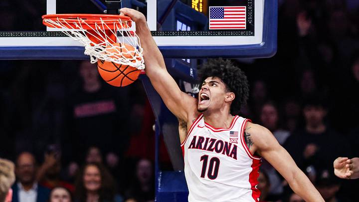 Jan 7, 2026; Tucson, Arizona, USA; Arizona Wildcats forward Koa Peat (10) dunks the ball during the first half of the game against the Kansas State Wildcats at McKale Memorial Center. Mandatory Credit: Aryanna Frank-Imagn Images