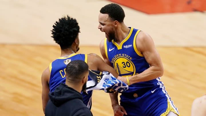 Golden State Warriors guard Quinn Cook (4) and Golden State Warriors guard Stephen Curry (30) celebrate during a time out in the fourth quarter against the Toronto Raptors in game two of the 2019 NBA Finals at Scotiabank Arena. Mandatory Credit: Golden State Warriors guard Quinn Cook (4) and Golden State Warriors guard Stephen Curry (30) celebrate during a time out in the fourth quarter against the Toronto Raptors in game two of the 2019 NBA Finals at Scotiabank Arena. Mandatory Credit: