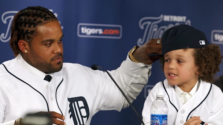 Detroit, MI, USA; Detroit Tigers new player Prince Fielder and his son Jadyn Fielder at a press conference in the Tiger Club at Comerica Park.
