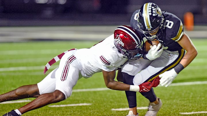 Fort PayneÕs Brannon Oliver tries to evade the tackle of Gadsden CityÕs Zyan Gibson during high school football action in Fort Payne, Alabama October 11, 2024. (Dave Hyatt / Special to the Gadsden Times)