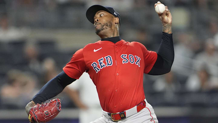 Aug 22, 2025; Bronx, New York, USA; Boston Red Sox pitcher Aroldis Chapman (44) delivers a pitch against the New York Yankees during the ninth inning at Yankee Stadium. Mandatory Credit: Gregory Fisher-Imagn Images Aug 22, 2025; Bronx, New York, USA; Boston Red Sox pitcher Aroldis Chapman (44) delivers a pitch against the New York Yankees during the ninth inning at Yankee Stadium. Mandatory Credit: Gregory Fisher-Imagn Images