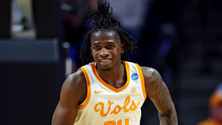 Mar 20, 2025; Lexington, KY, USA; Tennessee Volunteers forward Felix Okpara (34) reacts after a play during the second half against the Wofford Terriers in the first round of the NCAA Tournament at Rupp Arena. Mandatory Credit: Jordan Prather-Imagn Images Mar 20, 2025; Lexington, KY, USA; Tennessee Volunteers forward Felix Okpara (34) reacts after a play during the second half against the Wofford Terriers in the first round of the NCAA Tournament at Rupp Arena. Mandatory Credit: Jordan Prather-Imagn Images
