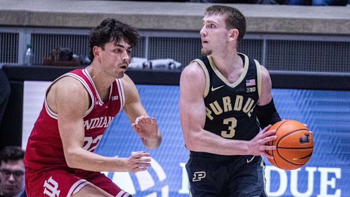 Purdue Boilermakers guard Braden Smith (3) dribbles the ball while Indiana Hoosiers guard Trey Galloway (32) defends
