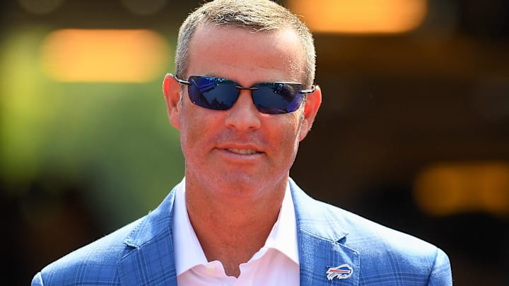 Buffalo Bills general manager Brandon Beane walks to the field prior to the game against the Green Bay Packers at Highmark Stadium. Buffalo Bills general manager Brandon Beane walks to the field prior to the game against the Green Bay Packers at Highmark Stadium.