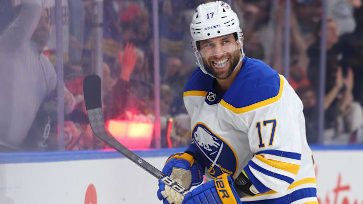Oct 15, 2025; Buffalo, New York, USA;  Buffalo Sabres left wing Jason Zucker (17) reacts after scoring his second goal of the game against the Ottawa Senators at KeyBank Center. Mandatory Credit: Timothy T. Ludwig-Imagn Images